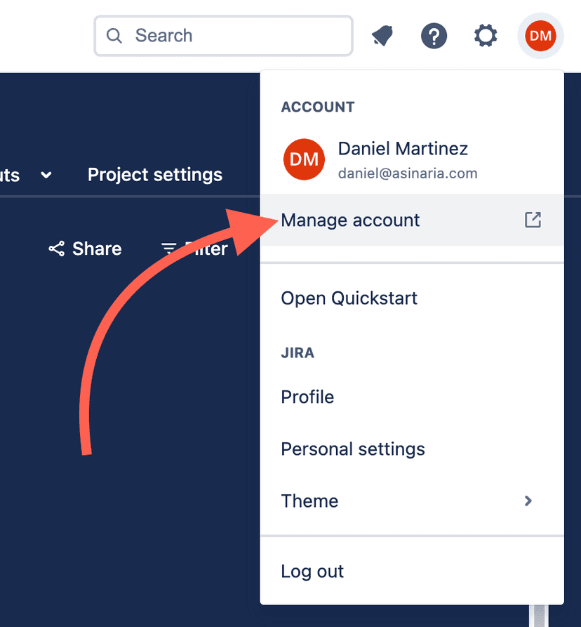 jira profile menu manage account